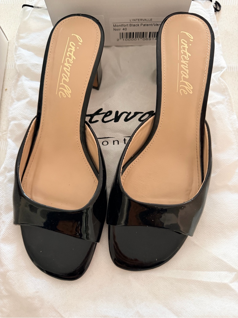 L'Intervalle Black Patent Slide Sandals with Low Block Heel